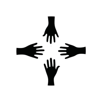 Four black hands reaching together icon, symbolizing teamwork, unity, support, community, diversity, partnership, collaboration, friendship, and helping hands on white background. vector