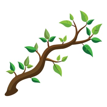 Tree Branch with Green Leaves, Botanical Nature Illustration, Fresh Spring Growth, Isolated Art Design on White Background, Eco-Friendly Plant Element vector