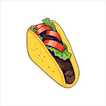 Delicious taco with beef, lettuce, and tomato, colorful Mexican food illustration perfect for restaurant menu, fast food, lunch, dinner, and culinary designs. vector