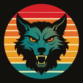 Angry wolf head illustration with snarling fangs, a retro vintage design featuring a circular sunset background, ideal for logos or apparel. vector