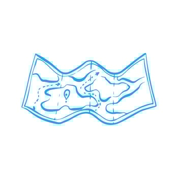 Map icon isolated on white background. Illustration of open map in doodle style. Simple monochrome illustration in blue color. EPS 10 vector