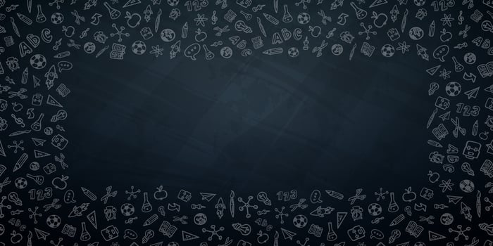 Back to School Seamless Pattern Banner Design with Colorful Hand Drawn Doodles in School Supplies Style and Copy Space on Black Chalkboard Background. Education, Learning and Knowledge vector