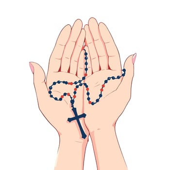 praying hands holding rosary beads and cross, faith and spirituality vector