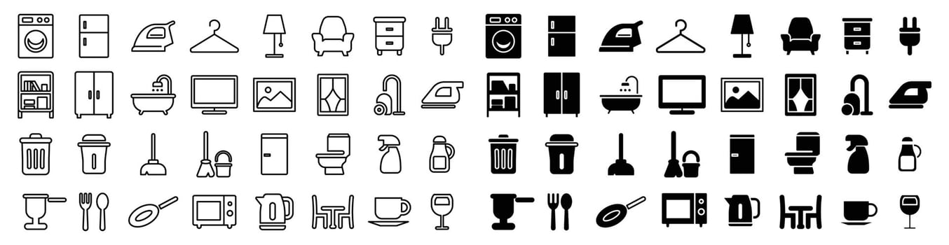 Collection of Household Icons in Simple Black and White Design Style vector