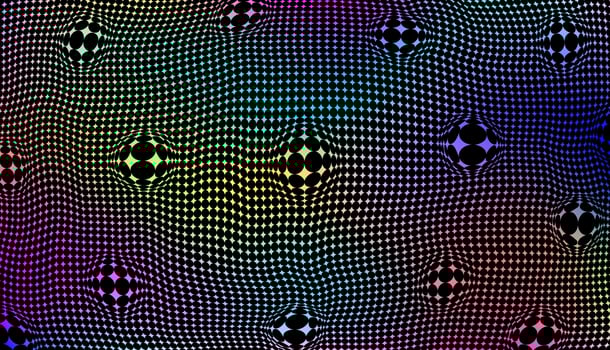 A warped grid of black dots on a vibrant rainbow gradient background with embedded spheres creating a distorted optical illusion effect. Abstract background. vector