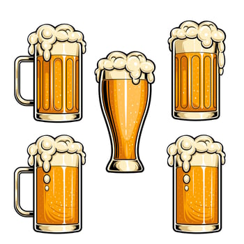Various beer glasses with foamy tops vector