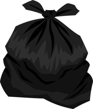 Garbage bag black color, flat cartoon and illustration, trash disposal waste concept. png