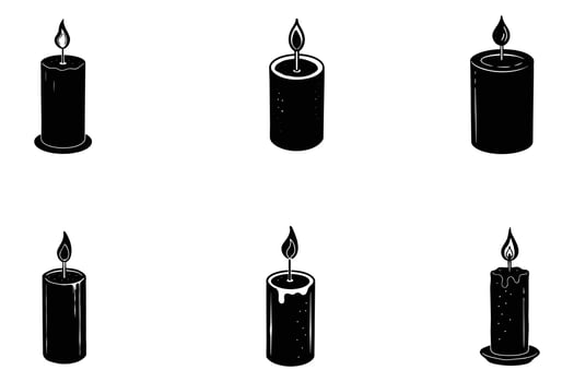 Six Mystical Black Candles Burning Brightly Against a White Background A Collection of Atmospheric Candle Illustrations vector