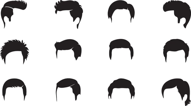 Twelve Black Silhouettes of Mens Hairstyles Various Short and Medium Length Cuts Illustration Graphic Design Elements vector