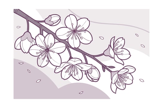 Outline cherry blossoms in blush lavender pastels on a light flower branch vector