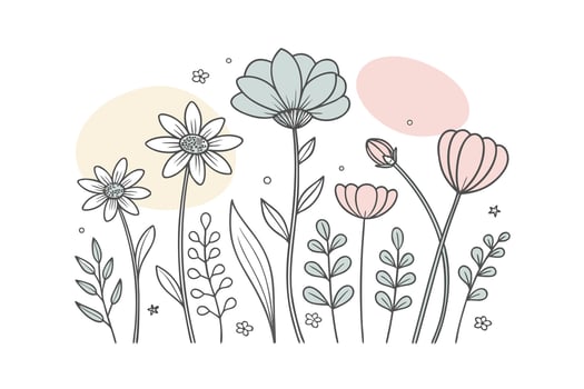 Pastel colored doodle flowers with leaves abstract shapes line vector