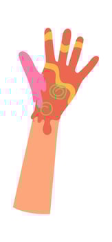 Illustration Raised hand in colorful paint flat icon Showing handprint vector