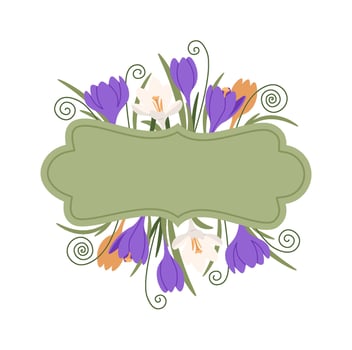Frame with bright white and purple crocus flat icon vector