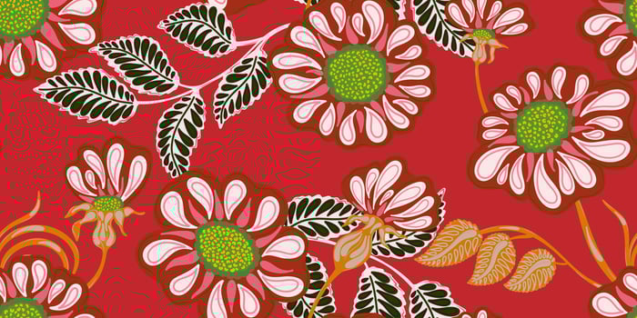 a red and green floral pattern with leaves and flowers vector