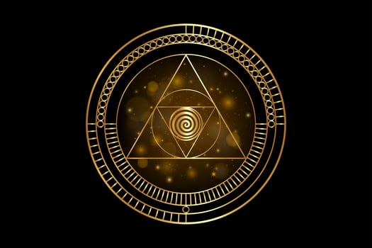 Gold Sacred Geometry, Geometric shapes Circles and triangles in golden proportion, Mystical logo design, luxury icon, masonic simbol, occult magic spiral, isoalted on black galaxy background vector