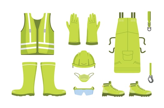 Safety gear including vests, gloves, and boots vector