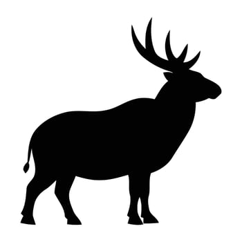 A striking black silhouette of a majestic elk with large antlers standing confidently against a clean white background. vector