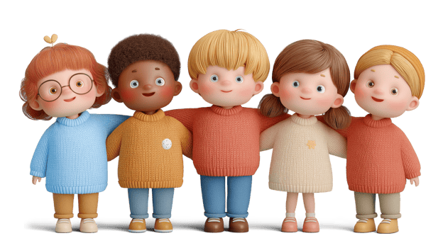Smiling 3D Cartoon Children Standing Arm in Arm png