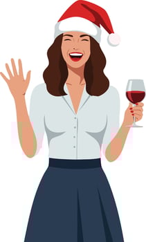Woman celebrating Christmas wearing Santa hat holding glass of red wine and waving hand festive holiday party illustration vector