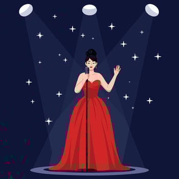 Female singer in elegant red dress performing on stage with spotlight and starry background illustration vector