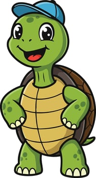 Cute cartoon green turtle character wearing blue cap standing smiling illustration vector