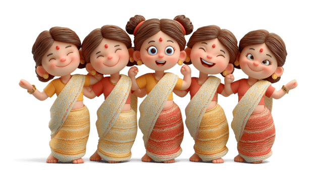 Joyful 3D Cartoon Girls in Traditional Dance Pose png