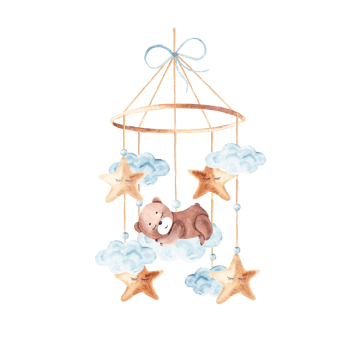 Watercolor baby cradle Mobile with cute teddy bear sleeping on a cloud and stars. Hand drawn illustration in pastel colors of kids hanging toy. For greeting cards, gender reveal, its a boy party or png