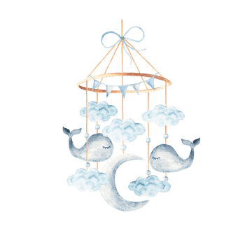 Watercolor baby cradle Mobile with cute whales in clouds. Hand drawn illustration in pastel blue colors of kids hanging toy. For greeting cards, gender reveal, its a boy party or baby shower png