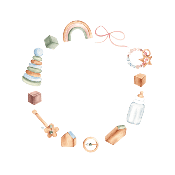 Baby shower wreath, circular frame for a newborn girl. Hand drawn illustration in pastel colors of kids toys and accessories. For greeting birthday cards, gender reveal and its a girl party png