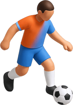 3D Render of Cartoon Soccer Player Kicking Ball Orange and Blue Uniform png