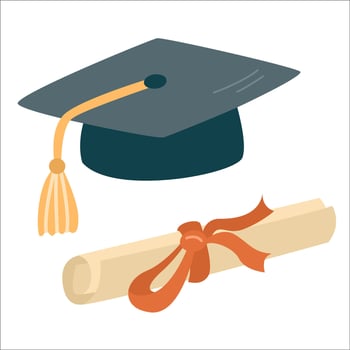 Square academic cap and diploma hand drawn flat style illustration. Back to school theme element. vector