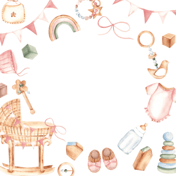 Baby girl Frame with Toys, clothes and cradle. Baby Shower border. Hand drawn watercolor illustration in pastel colors. For newborn greeting cards, invitations, gender reveal party. png