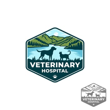 A retro emblem logo illustration for a veterinary hospital, featuring a dog and cat with a mountain backdrop, river, and sunset. vector