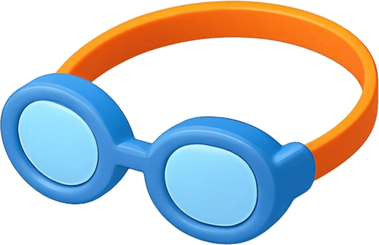 Cartoonish Blue and Orange Swimming Goggles with Light Blue Lenses. png