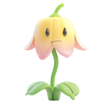 A sad, cartoon flower with expressive eyes isolated on a transparent background. png