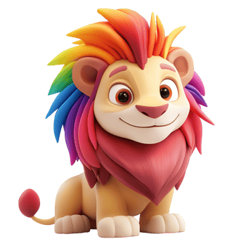 A cheerful lion with vibrant rainbow mane isolated on a transparent background. png