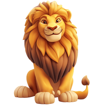 Smiling, cartoon lion character isolated on a transparent background. png