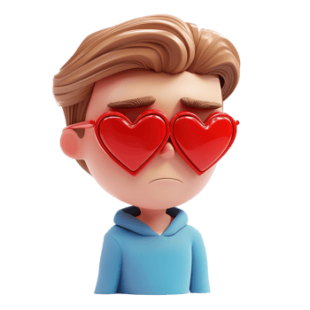 Sad cartoon boy wearing heart-shaped glasses isolated on a transparent background. png