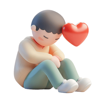A sad figure sits with a large heart above its head isolated on a transparent background. png
