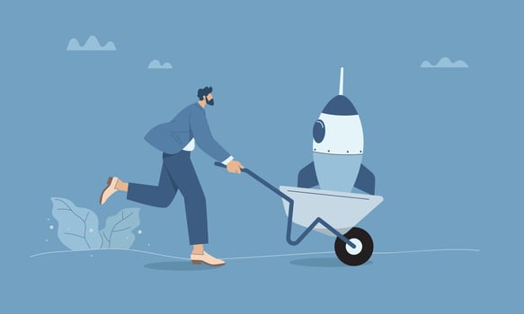 Businessman pushing the rocket to the goal, Entrepreneurial initiative, The effort to push the business to success, Beginning development. vector