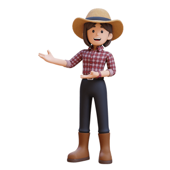 3D woman farmer character in pointing and presenting gesture png