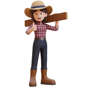 3D woman farmer character gives a thumbs up while working carrying wood. png