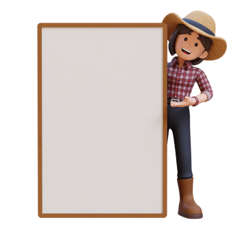 3D woman farmer character standing behind placard and peeking with presenting gesture. png