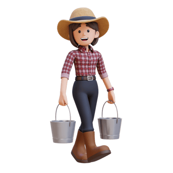 3D woman farmer character working and carrying two bucket png