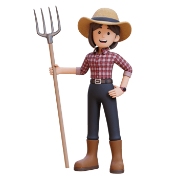 3D woman farmer character standing confident holding a pitchfork png