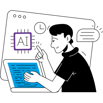 Young Man Interacting with AI on a Digital Tablet Creative Flat Line Illustration png