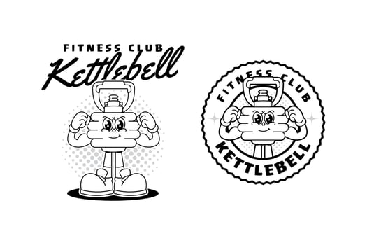 Adjustable kettlebell line art mascot cartoon illustration with showing both arm muscles for fitness, gym, bodybuilding. Funny kettlebell character badge logo design pack. Fitness logo with kettlebell vector