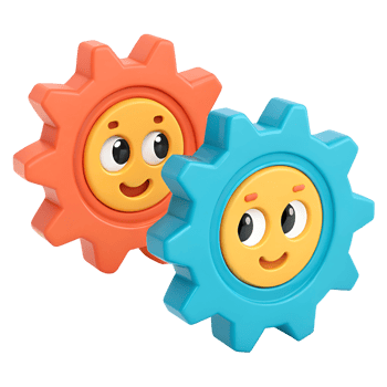 Smiling Cartoon Gears in Red and Blue png