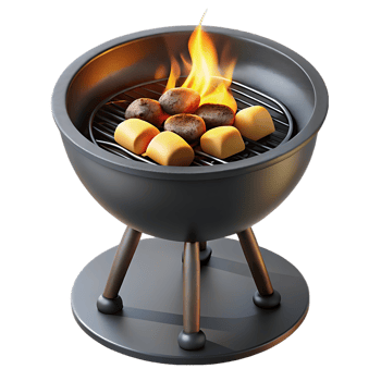 Delicious food cooking on a small charcoal grill with flames isolated on transparent background png