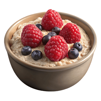 Healthy oatmeal bowl topped with fresh raspberries and blueberries isolated on transparent background png
